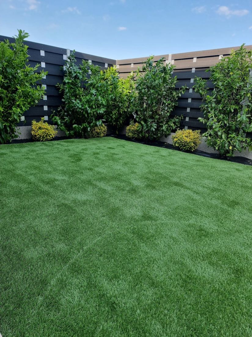 Curte amenajată cu gazon artificial Easigrass, gard de lemn și arbuști